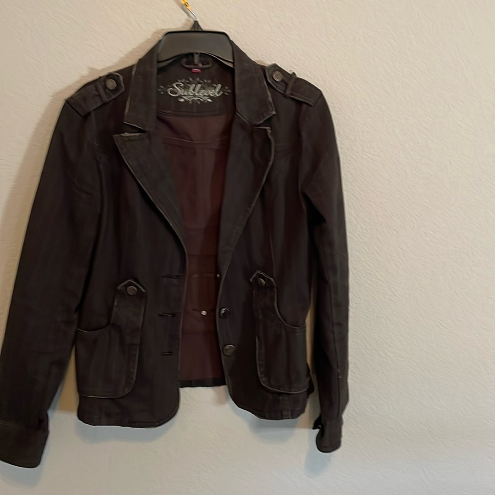 Distressed denim-style jacket